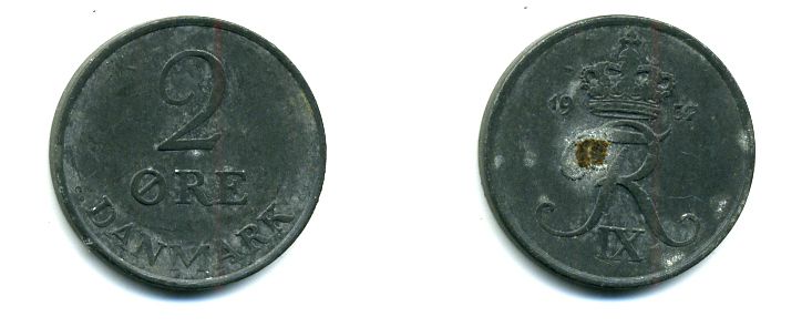 ДАНИЯ 2 ЭРЕ 1957 C; S, ФРЕДЕРИК IX (1947-1972) KM 840.2 цинк 57-832