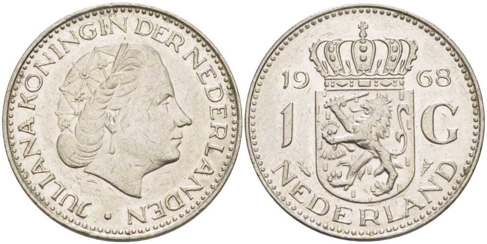 Нидерланды 1 гульден 1968 Юлиана (1948-1980) KM 184a никель 213-955