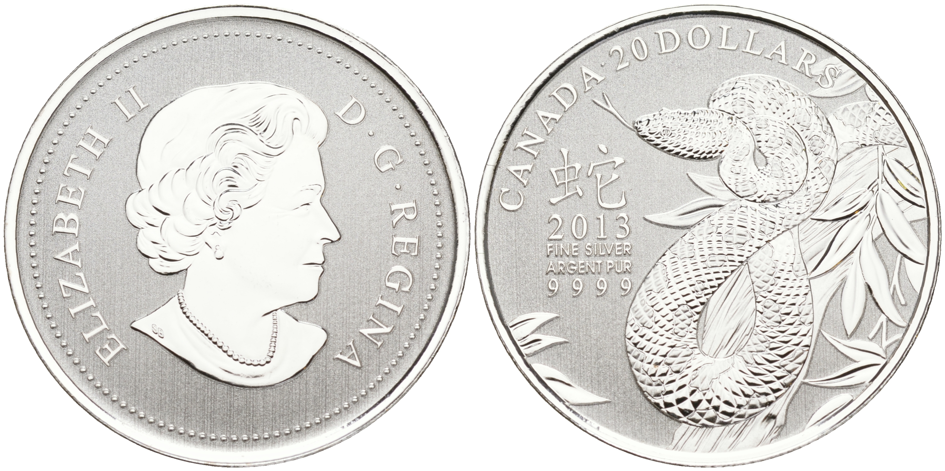 Канада 20 долларов 2013 год змеи, Елизавета II (1952-2022) KM NEW серебро PROOF 11-265-52
