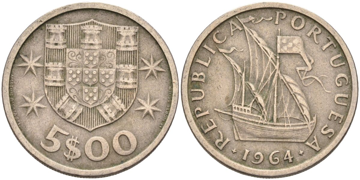 Португалия 5 эскудо 1964 парусник KM 591 медно-никель 4126-615