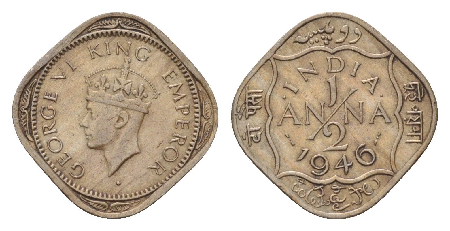 Британская Индия 1/2 анна 1946 Георг VI (1936-1952) KM 535 медно-никель 4189-1021