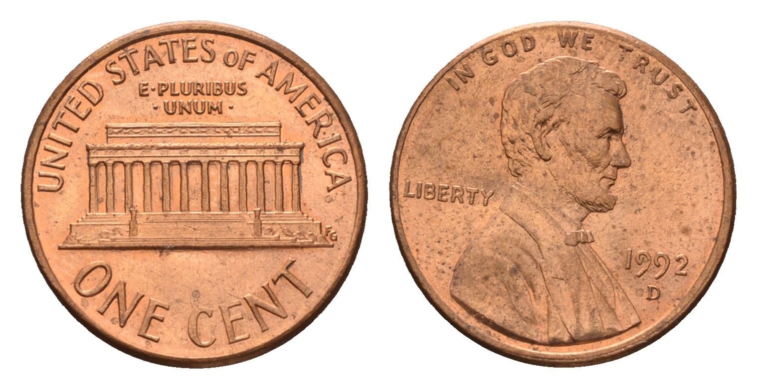 США 1 цент 1992 Авраам Линкольн KM 201b цинк плакированный медью UNC 4613-638