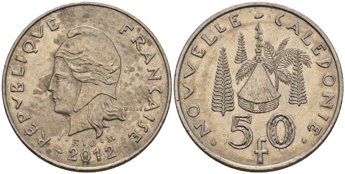 Французская Новая Каледония 50 франков 2012 хижина среди сосен и пальм, (IEOM) KM 13a, Schoen 15a, Lec 128i медно-никель 4111-1011