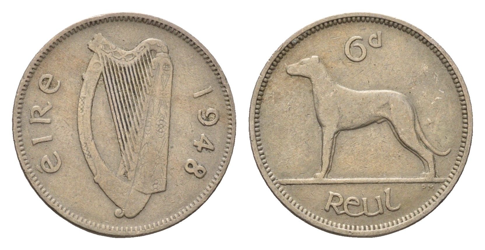 Ирландия 6 пенсов 1948 собака, ирландский волкодав KM 13a медно-никель 4690-328
