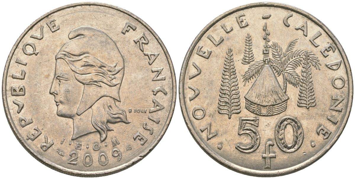 Французская Новая Каледония 50 франков 2009 хижина среди сосен и пальм, (IEOM) KM 13a, Schoen 15a, Lec 128i медно-никель 115-934