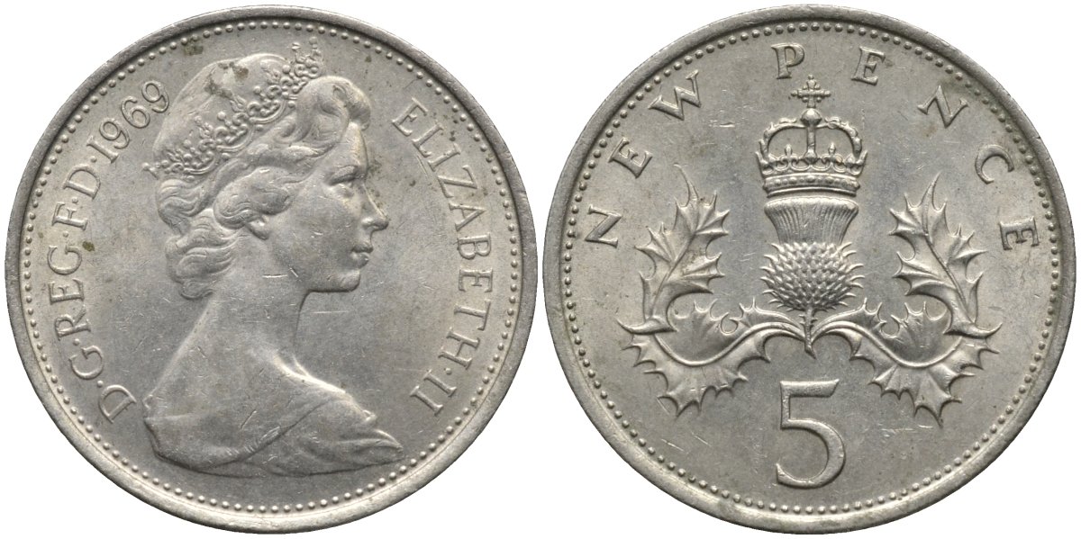 Великобритания 5 пенсов 1969 Елизавета II (1952-2022) KM 911, Spink 4233 (D1) медно-никель 4171-553