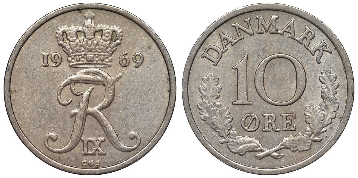 Дания 10 эре 1969 C,S, Фредерик IX (1947-1972) KM 849.1 медно-никель UNC 71-222