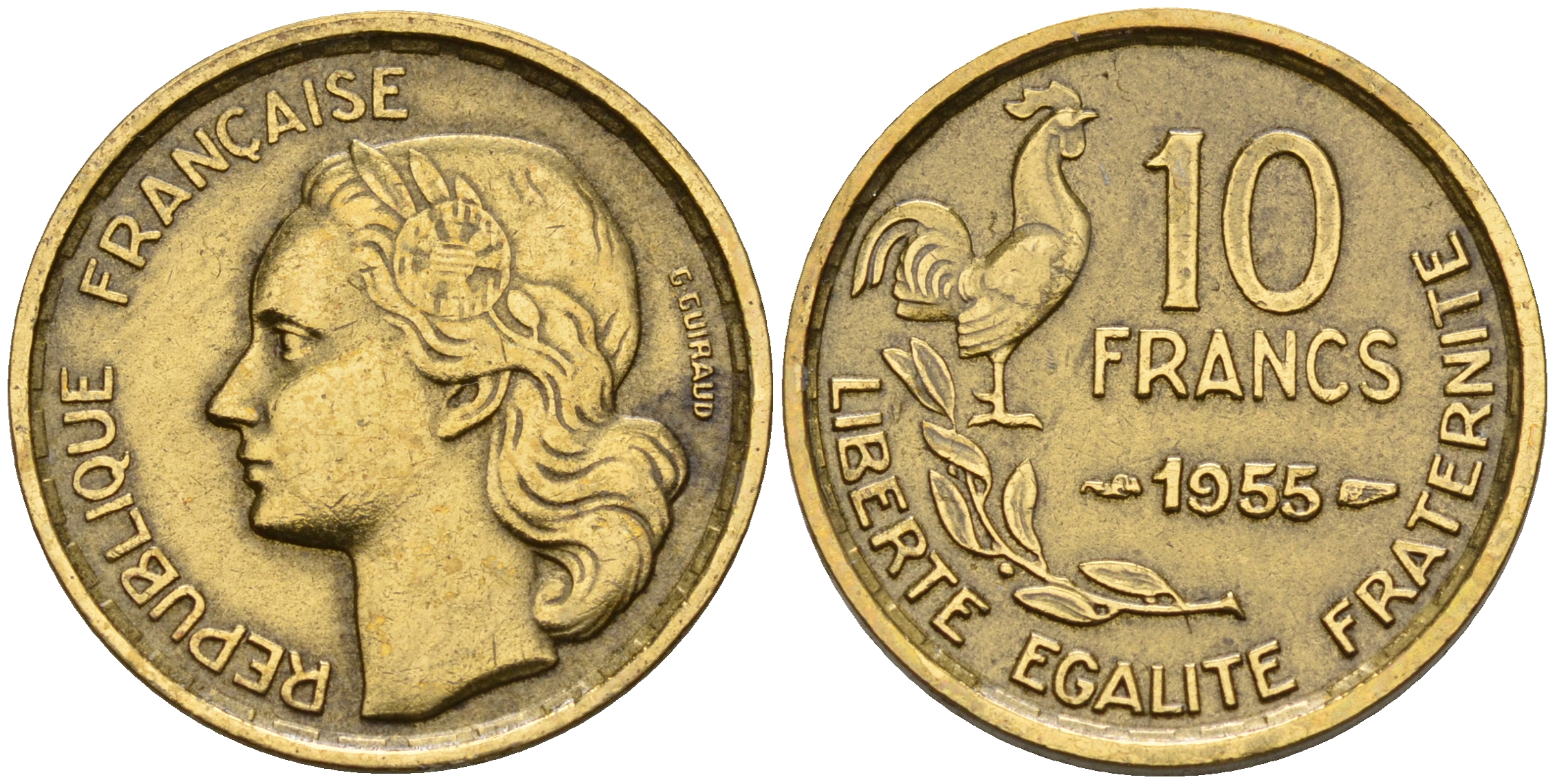 Франция 10 франков 1955  KM 915.1 алюминиевая бронза    4152-1244
