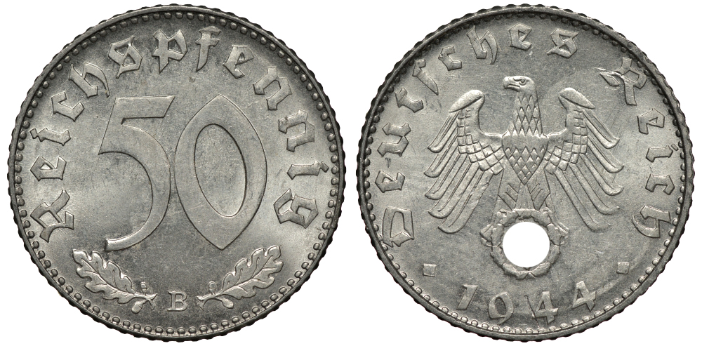 Германия 50 рейхспфеннигов 1944 B цена по каталогу МТ 85 евро J. 372, KM 96 алюминий UNC 413-4934