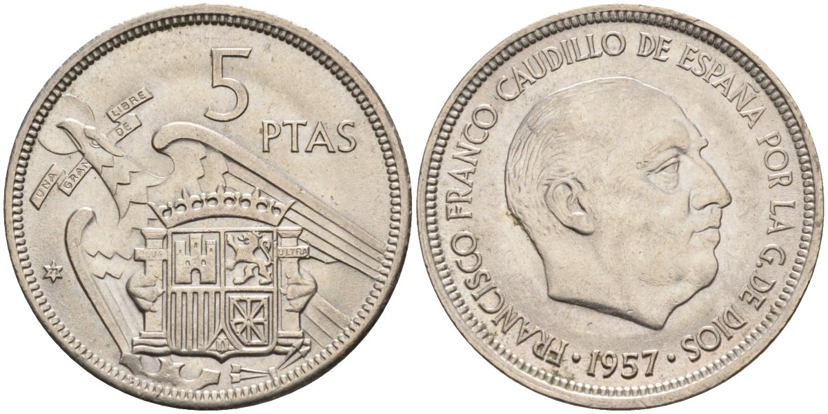 Испания 5 песет 1957(71) Франциско Франко (1939-1975) KM 786 медно-никель UNC 4583-1131