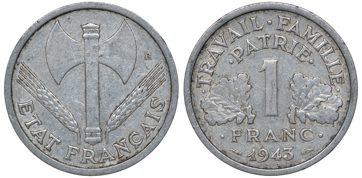 Франция 1 франк 1943 правительство Виши KM 902.1, Le Franc 223.3 алюминий 4163-424