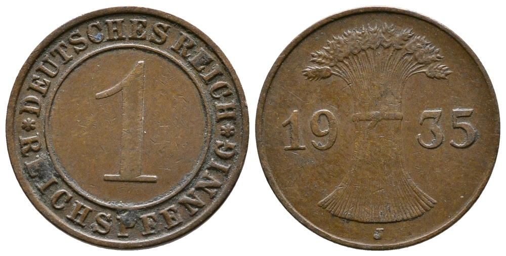 Германия 1 рейхспфенниг 1935 J KM 37, J. 313, Weege 2 бронза 220-126