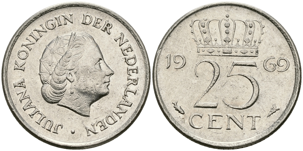 Нидерланды 25 центов 1969 Юлиана (1948-1980) KM 183 никель 96-216