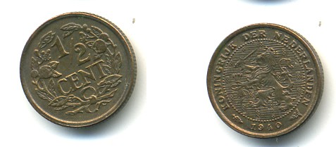НИДЕРЛАНДЫ 1/2 ЦЕНТА 1940 ВИЛЬГЕЛЬМИНА (1890-1948) KM 138 бронза 84-913