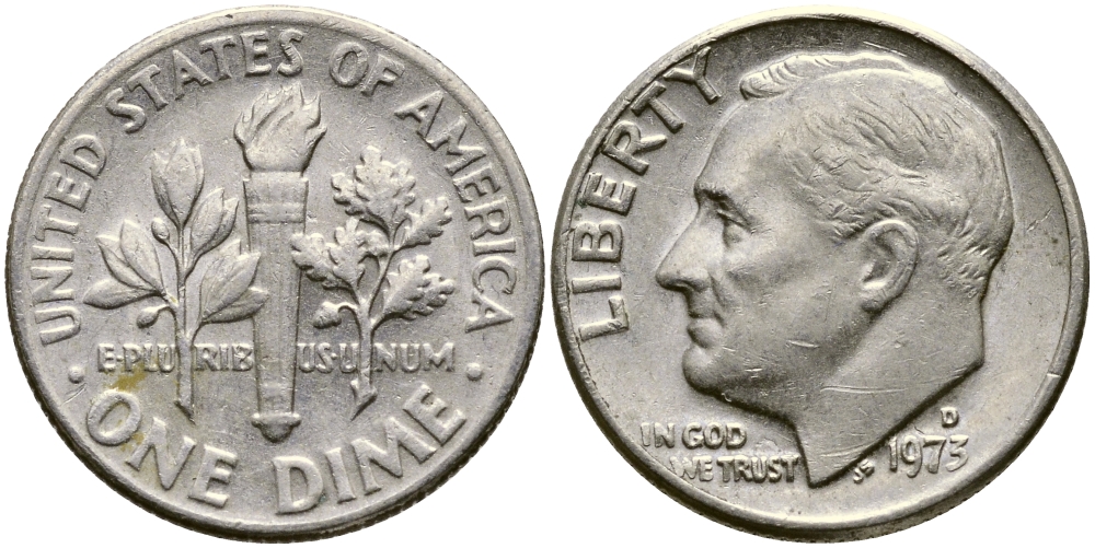 США 10 ЦЕНТОВ = 1 ДАЙМ 1973 D, РУЗВЕЛЬТ KM 195а медь плакированная медно-никелем 54-925