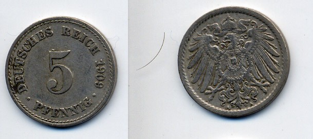 ГЕРМАНИЯ 5 ПФЕННИГОВ 1909 A, KM 11, J. 12 медно-никель 84-352
