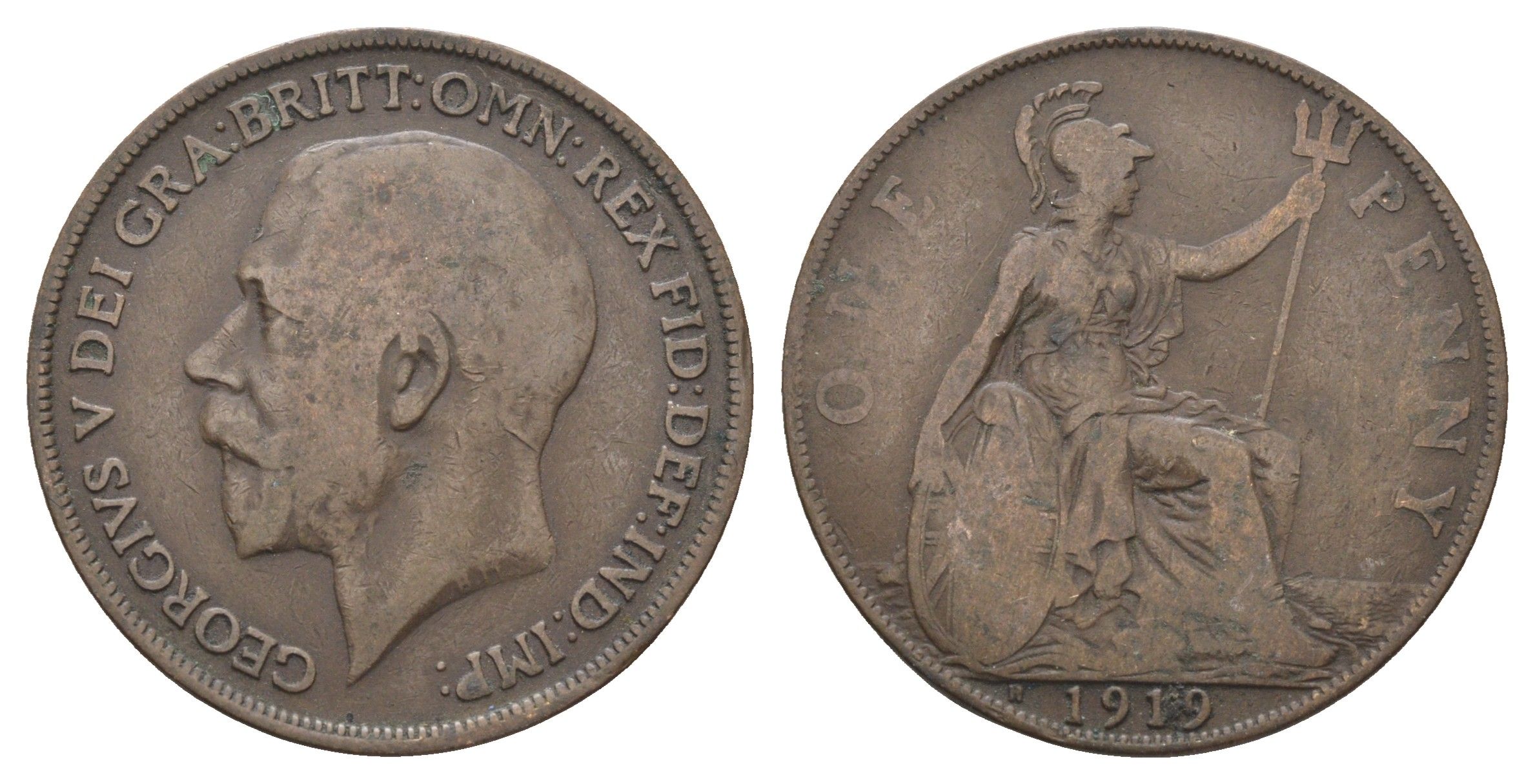 Великобритания 1 пенни 1919 Георг V (1910-1936) KM 810, Spink 4051 бронза 4661-631