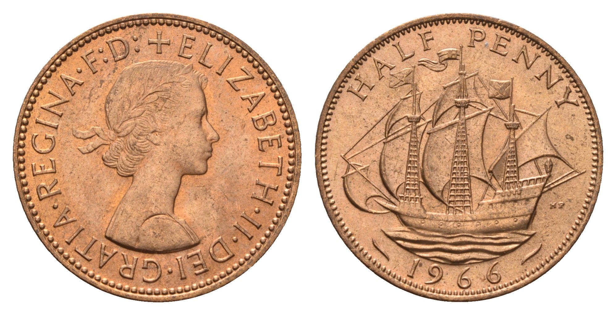 Великобритания 1/2 пенни 1966 Елизавета II (1952-2022) KM 896, Spink 4158 бронза UNC 4119-1227