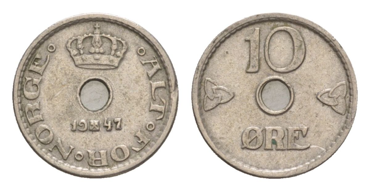 Норвегия 10 эре 1947 Хокон VII (1905-1957) KM 383 медно-никель 4632-1135