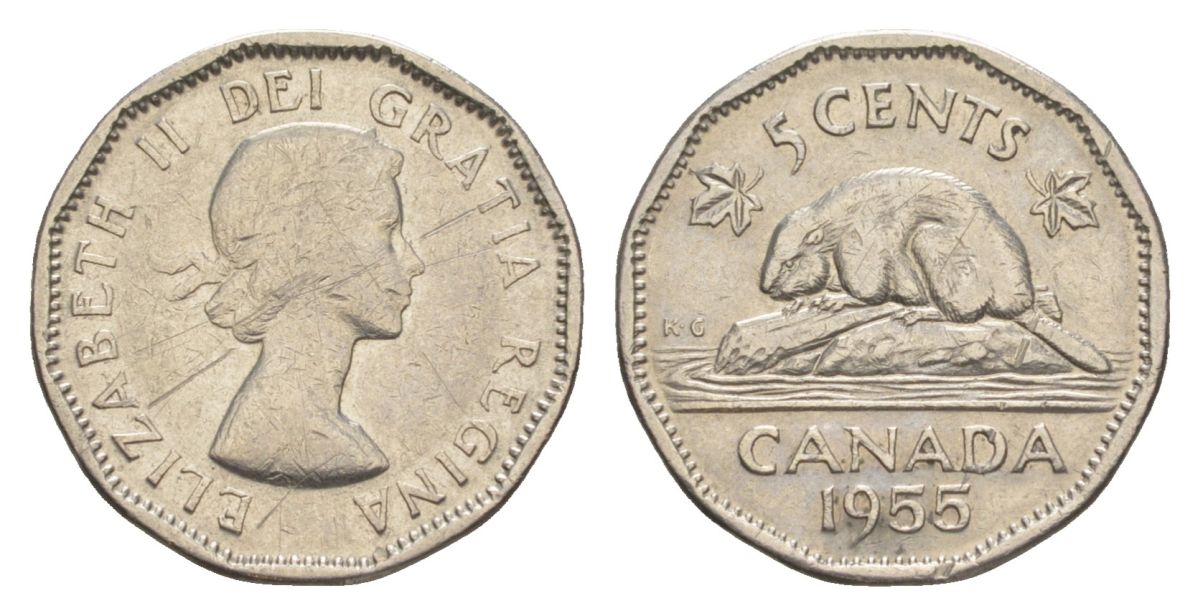 Канада 5 центов 1955 Елизавета II (1952-2022), бобр KM 50a никель 4630-662