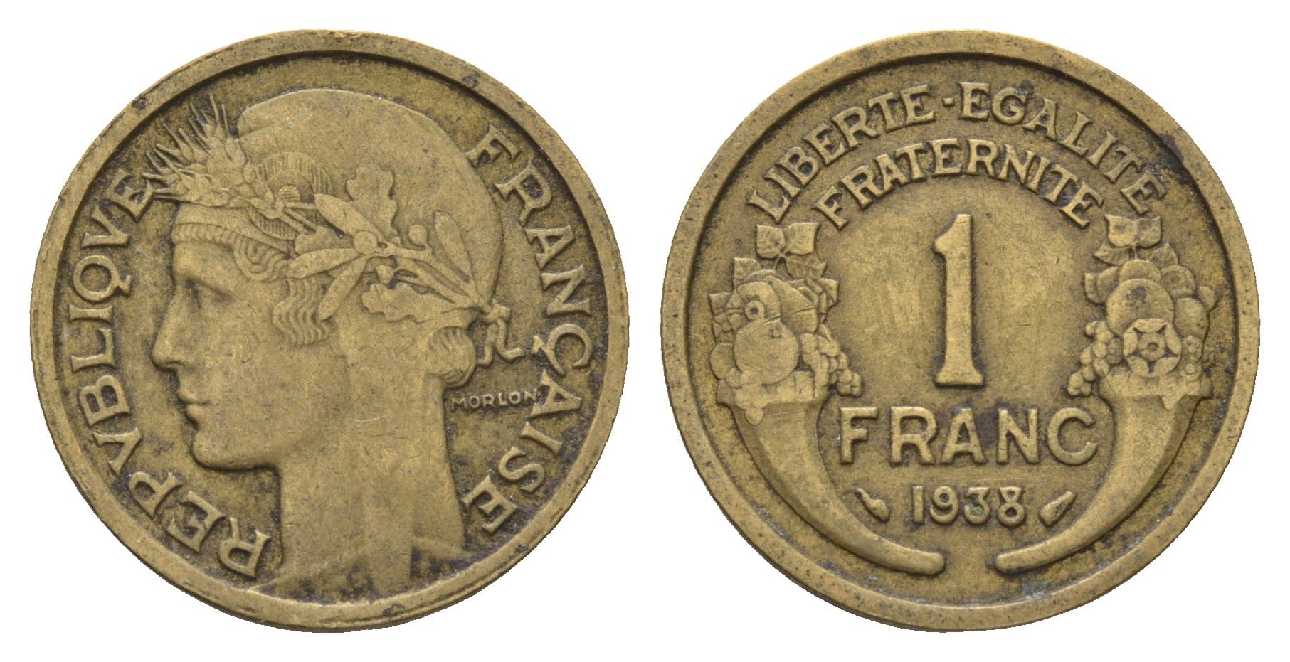 Франция 1 франк 1938 KM 885 алюминиевая бронза 4673-1125