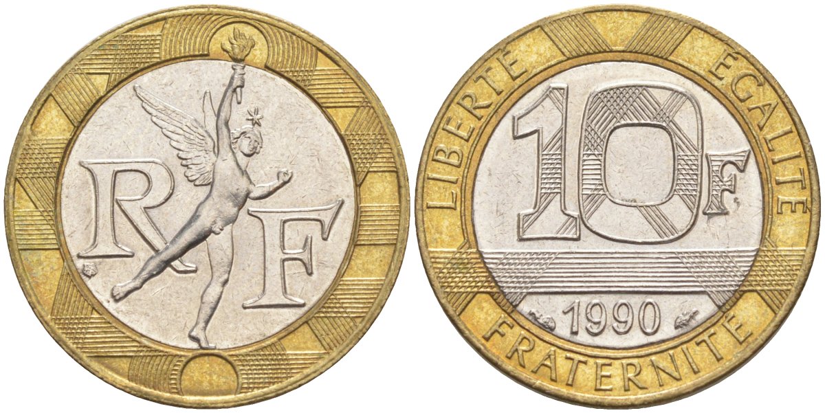 Франция 10 франков 1990 тип Гений Бастилии KM 964.1, Le Frank 375.5 биметалл 4519-252
