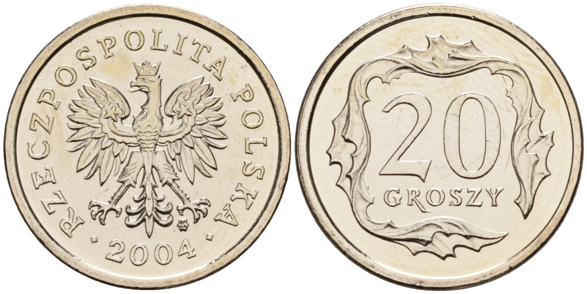 Польша 20 грошей 2004 MW KM 280, Parchimowicz 705l медно-никель UNC 02-264-35