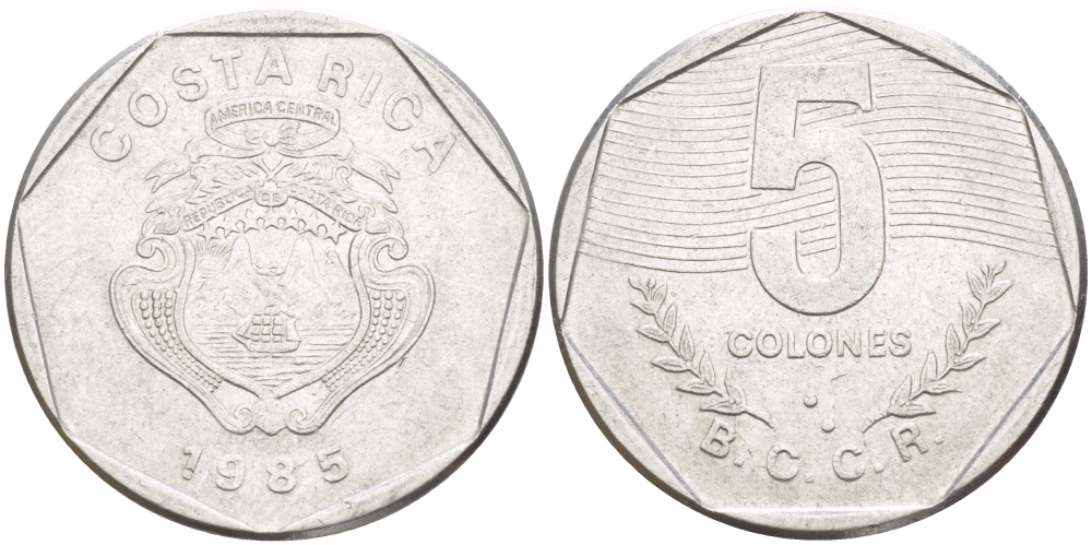 Коста-Рика 5 колонов 1985 B.C.C.R. KM 214.2 нержавеющая сталь 4539-835