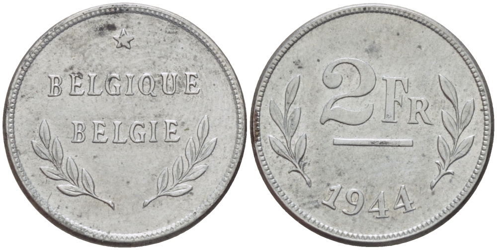 БЕЛЬГИЯ 2 ФРАНКА 1944 BELGIQUE-BELGIE, ВЫПУСК США KM 133 сталь плакированная цинком 31-1236