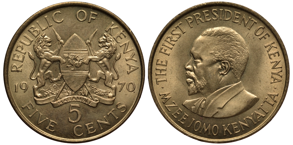 Кения 5 центов 1970 Джомо Кениата KM 10 никель латунь XF-UNC 4390-552