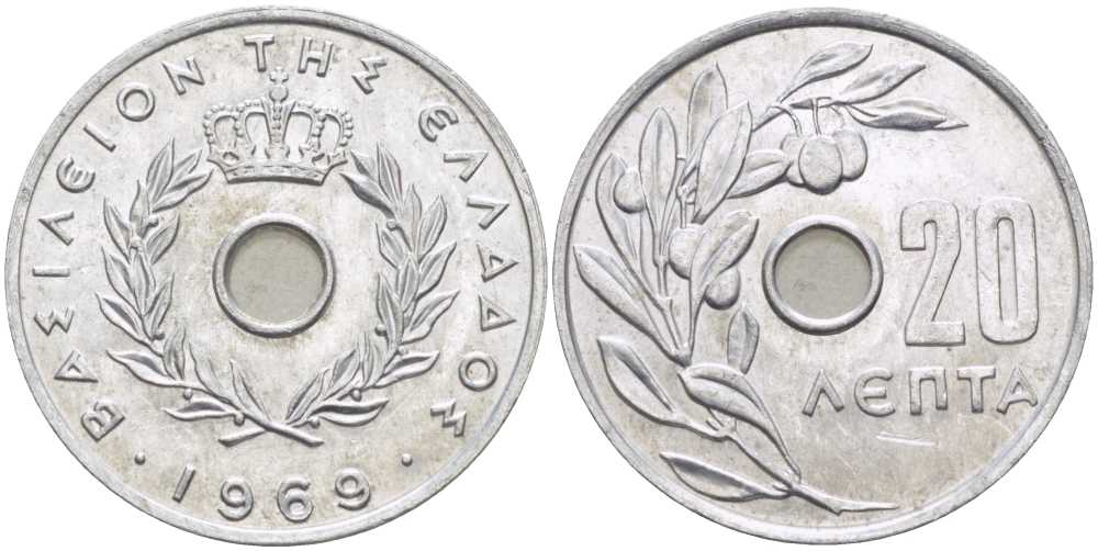 Греция 20 лепта 1969 Константин II (1964-1974), оливковая ветвь KM 79 алюминий UNC 28-956