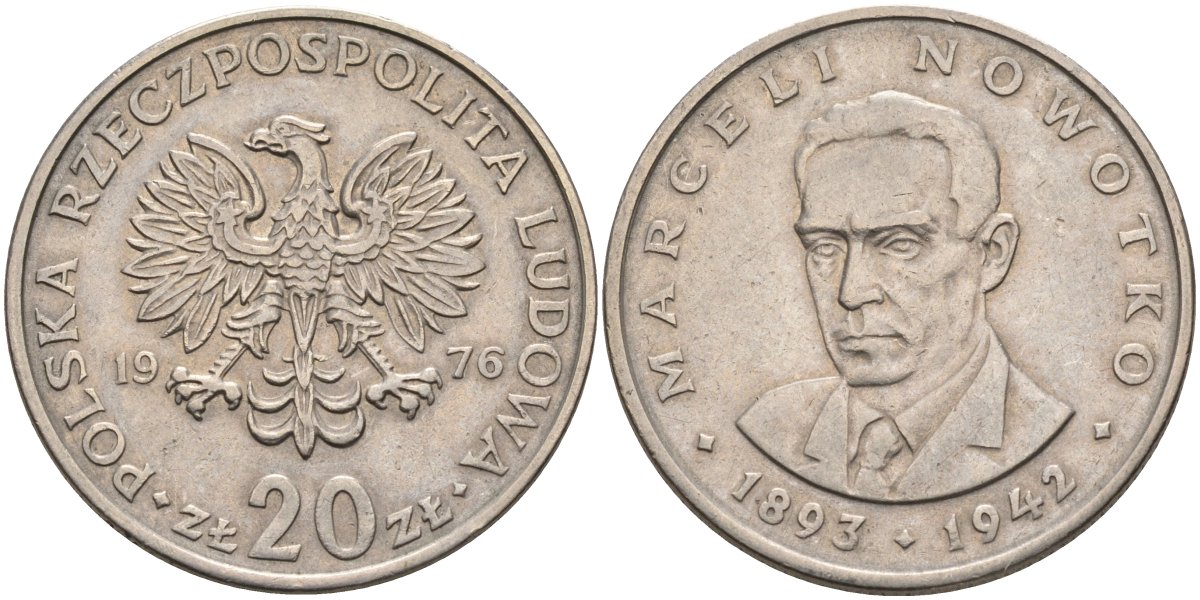 Польша 20 злотых 1976 Марцелий Новотко, монетный двор Кремница KM 69, Parchimowicz 246c медно-никель 180-743