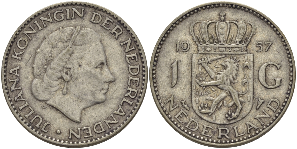 Нидерланды 1 гульден 1957 Юлиана (1948-1980) KM 184 серебро 98-1133
