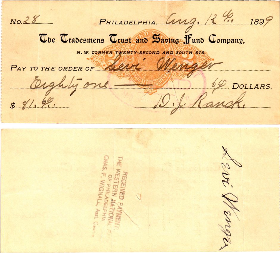 США чек на 81,60 долларов 1899 Филадельфия бумага 2196-46-2-2