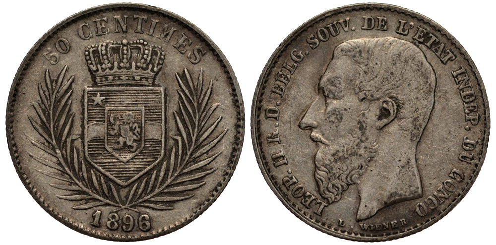 Бельгийское Конго 50 сантимов 1896 Леопольд II король Бельгии KM 5 серебро 5010-115