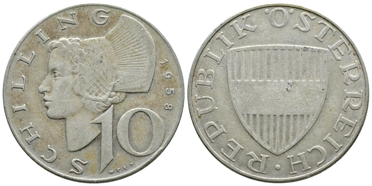 Австрия 10 шиллингов 1958 KM 2882 серебро 4381-424