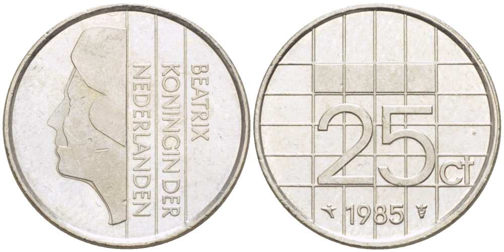 НИДЕРЛАНДЫ 25 ЦЕНТОВ 1985 БЕАТРИКС KM 204 никель 3309-354