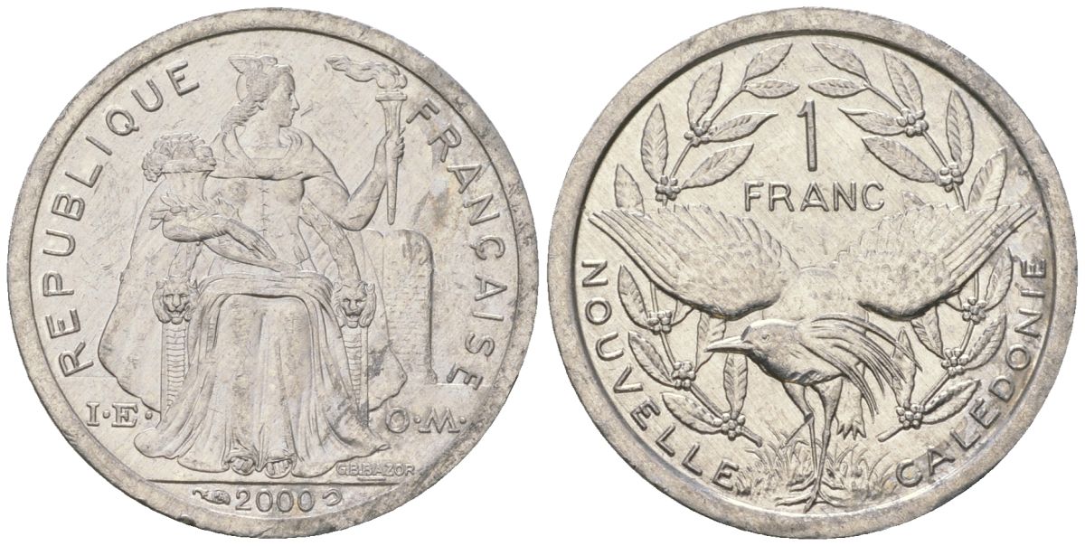 Французская Новая Каледония 1 франк 2000 птица кагу, (IEOM) KM 10, Schoen 10, Lec 52e алюминий 45-537