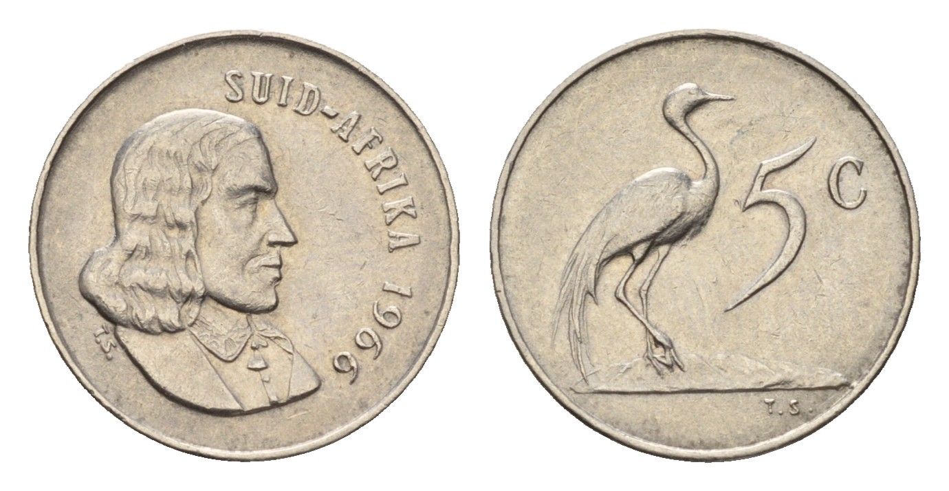 ЮАР 5 центов 1966 Ян ван Рибек (1619-1677), Suid Africa, легенда на африкаанс, райский журавль KM 67.2 медно-никель 4643-114
