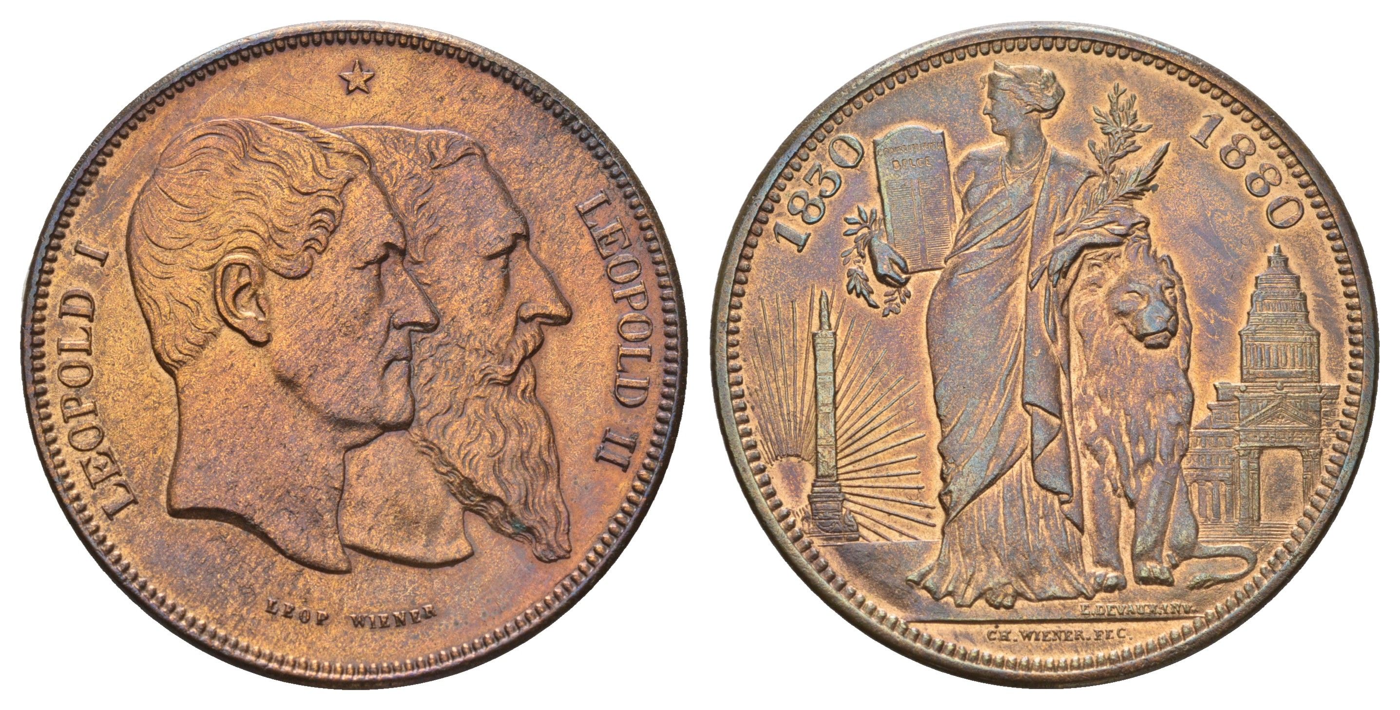 Бельгия 5 франков 1880 50 лет - Независимость X M8a медь 1529-1314