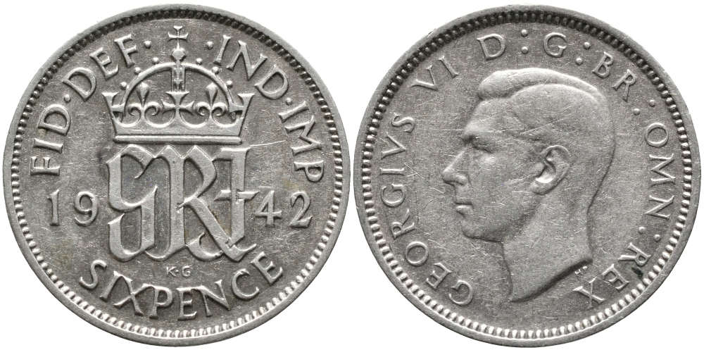 Великобритания 6 пенсов 1942 Георг VI (1936-1952) KM 852, Spink 4084 серебро 4392-452