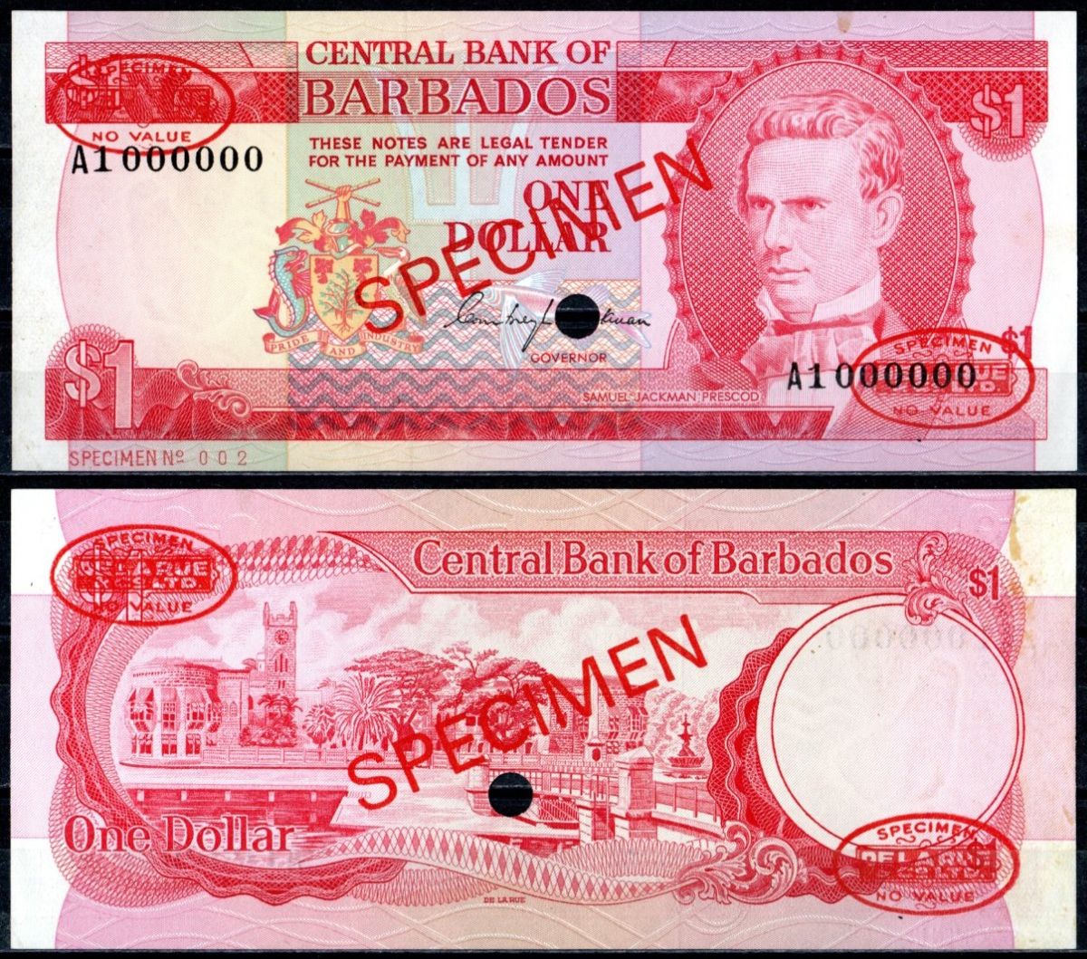 Барбадос 1 доллар 1973 образец "SPECIMEN", Сэмюэл Джекман Прескод, Трафальгарская площадь Pick 29 a бумага UNC (пресс) 451-413-1