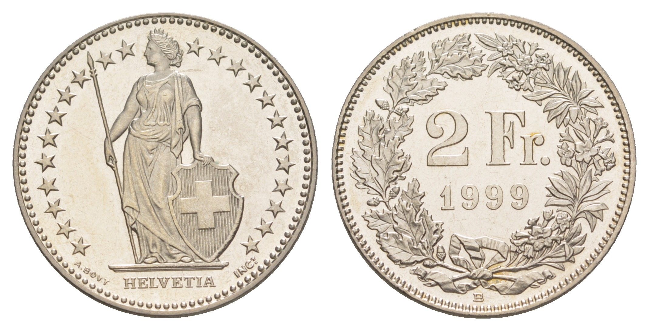 Швейцария 2 франка 1999 редкий год KM 21a медно-никель UNC 4652-513