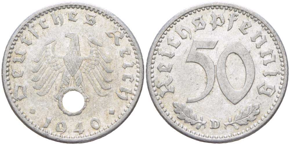 Германия 50 рейхспфеннигов 1940 D KM 96, J. 372 алюминий 4523-322