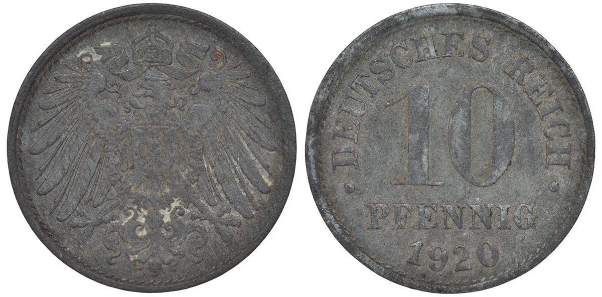 ГЕРМАНИЯ 10 ПФЕННИГОВ 1920 KM 26, J. 299 цинк 45-1263