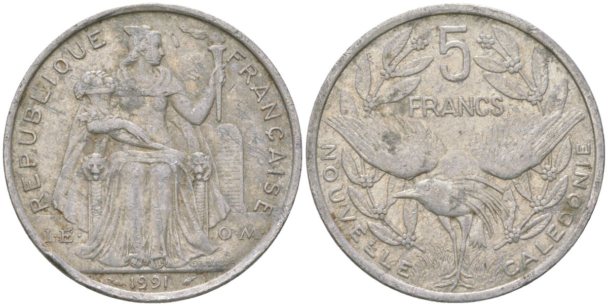 Французская Новая Каледония 5 франков 1991 птица кагу, (IEOM) KM 16, Schoen 12, Lec 79 алюминий 180-1126