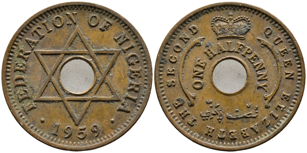 Нигерия 1/2 пенни 1959 Елизавета II (1952-), Британский протекторат KM 1 бронза 4392-1316