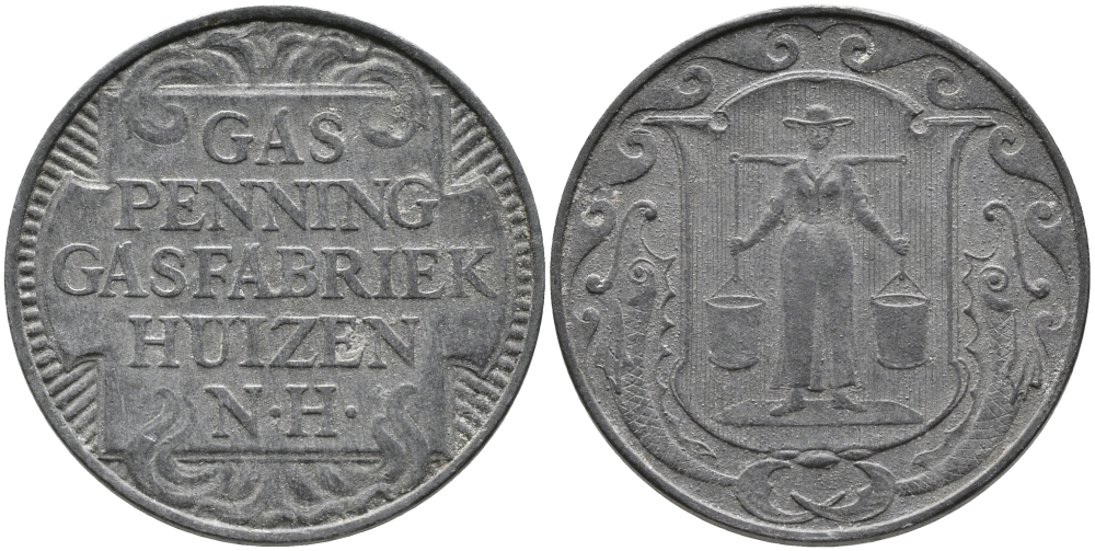 НИДЕРЛАНДЫ ЖЕТОН ND ХЁЙЗЕН ГАЗ ПФЕННИГ, ГАЗОВАЯ ФАБРИКА HUIZEN N.H., ДИАМЕТР 23,5 ММ. цинк 65-1047