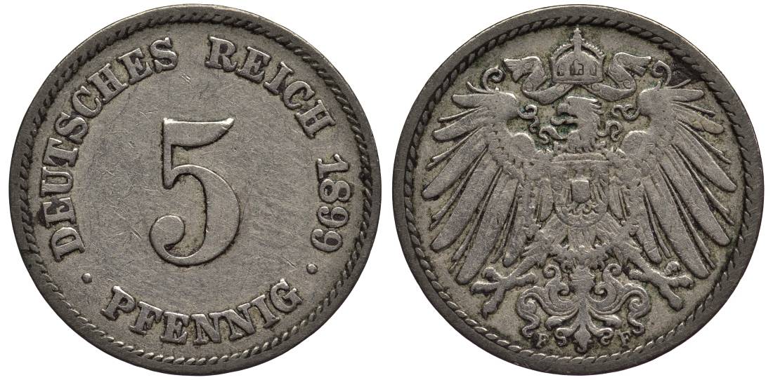 ГЕРМАНИЯ 5 ПФЕННИГОВ 1899 F KM 11, Jager 12, Weege 6 медно-никель 4547-366