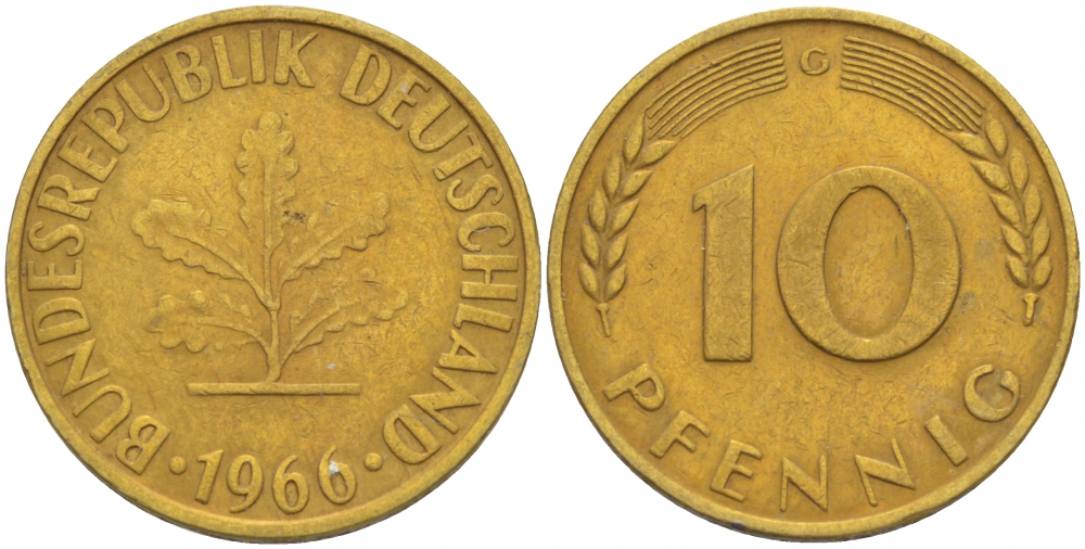 ФРГ 10 ПФЕННИГОВ 1966 G KM 108, J.383 сталь плакированная латунью 3996-614